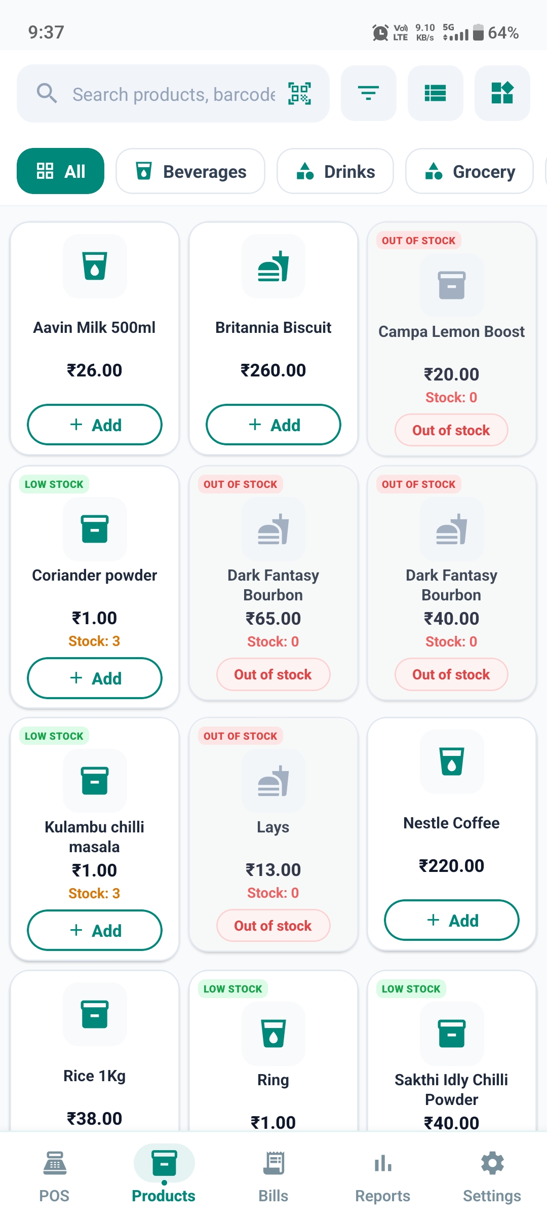 Product catalogue with category filter, stock status, and Add buttons